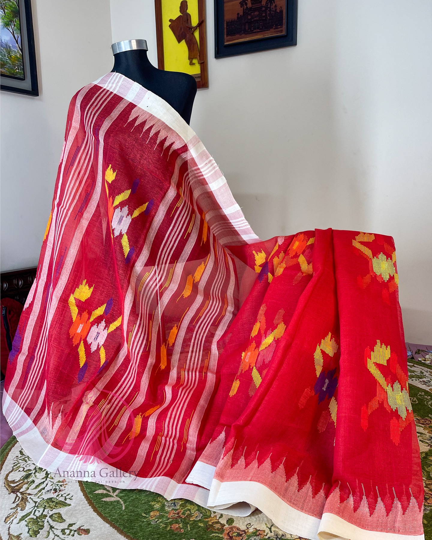 Red Floral Monipuri Saree - Image 3